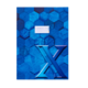 Blaues Notizbuch mit hexagonalem Muster und einem großen, stilisierten "X" auf der Vorderseite. Ein beschriftbarer Bereich ist vorhanden.