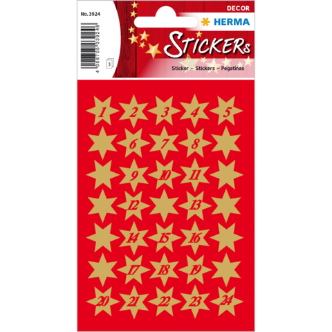 Rote Aufkleber mit goldenen Sternen, nummeriert von 1 bis 24, auf einem dekorativen Hintergrund. Ideal für Adventskalender oder Bastelprojekte.