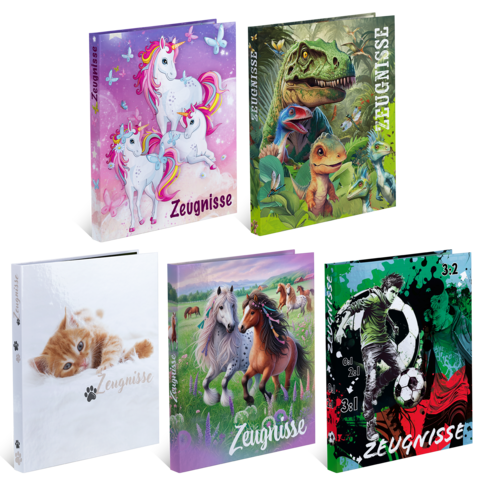 Vijf verschillende verzamelmappen met kleurrijke ontwerpen, waaronder eenhoorns, dinosaurussen, katten, paarden en voetbalsymbolen, allemaal met de titel "Getuigenissen".