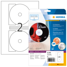 CD-Etiketten-Packung mit zwei Etiketten und einer CD-Abbildung. Enthält Informationen zu Software und Anwendungshinweisen.