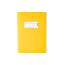 Gelbes Notizbuch mit einem Aufkleber, der Platz für eine Beschriftung bietet.
