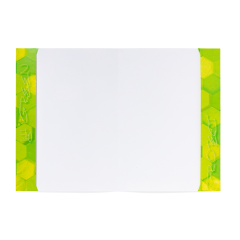 Leeres Blatt mit einem bunten, hexagonalen Rahmen in Grün und Gelb.
