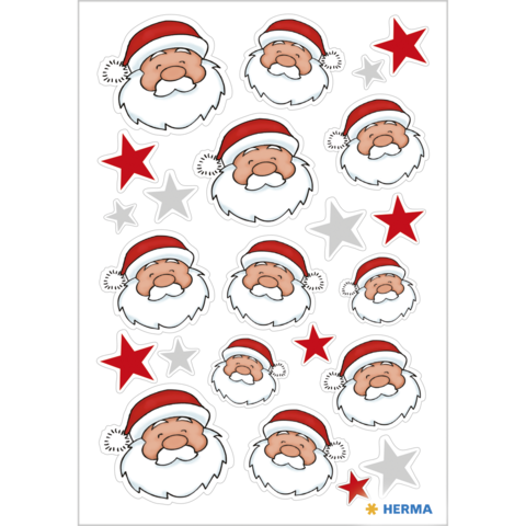Aufkleber mit verschiedenen Weihnachtsmann-Motiven und roten sowie grauen Sternen. Ideal für festliche Dekoration.