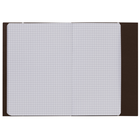 Ein offenes kariertes Notizbuch mit leeren Seiten, das auf einer dunklen Oberfläche liegt.