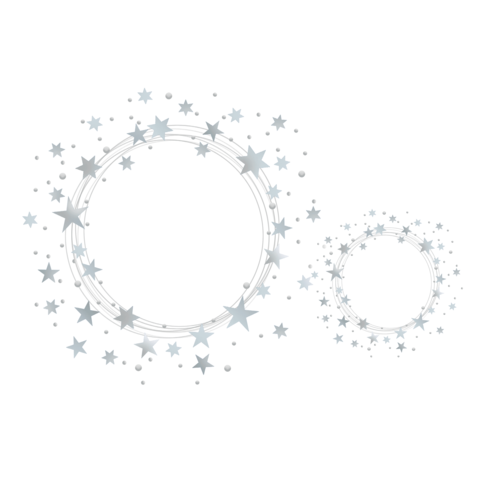 Silberne Sterne und Kreise in verschiedenen Größen, umgeben von kleinen Punkten, auf weißem Hintergrund.