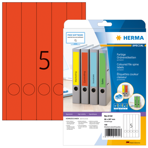 Bunte Ordneretiketten von Herma, geeignet für die Beschriftung von Aktenordnern, mit verschiedenen Farben für unterschiedliche Kategorien.