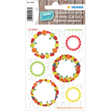 Bunte Aufkleber mit Obst- und Gemüse-Motiven für Deckel, in verschiedenen Formen und Farben, zur Kennzeichnung von Behältern.