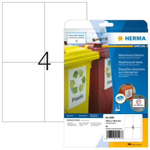 Wetterfeste Etiketten von HERMA, geeignet für Recyclingbehälter. Verpackung zeigt Etiketten für Plastik- und Restmüll.