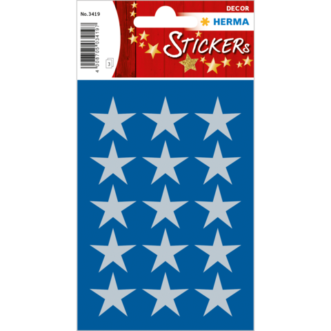 Blaue Sticker mit weißen Sternen auf einem dekorativen Hintergrund, verpackt in einem rechteckigen Layout.