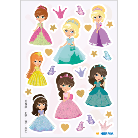 Bunte Aufkleber mit verschiedenen Prinzessinnen in eleganten Kleidern, umgeben von Sternen, Kronen und Muscheln.