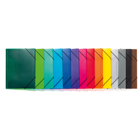 Eine Reihe von 15 farbigen Ordnern in verschiedenen Farben, angeordnet von grün über blau bis hin zu rot, gelb und braun.