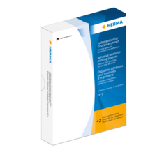 Hefter mit Haftetiketten für Druckmaschinen, verpackt in einer blauen und weißen Box. Enthält Informationen zu Verwendung und Eigenschaften.