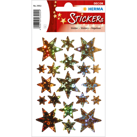 Bunte Sternaufkleber in verschiedenen Größen und Designs auf einem Blatt, ideal für Dekoration und Bastelprojekte.