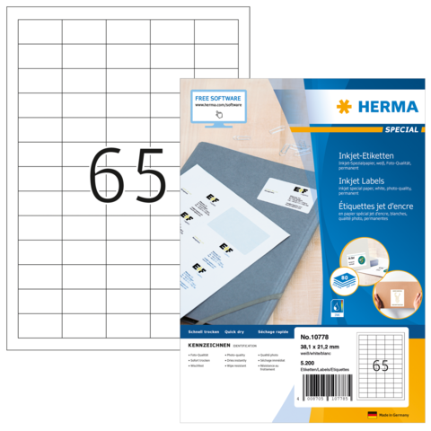 Ein Blatt mit leeren Etiketten und eine Verpackung für Herma Inkjet-Etiketten, die Software zur Erstellung von Etiketten anbietet.