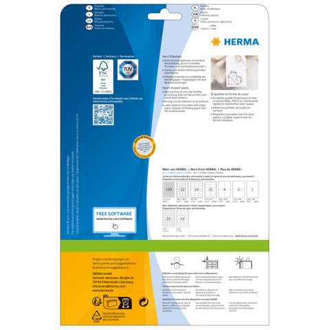 Rückseite einer Verpackung von HERMA mit Informationen zu Produkten, Software und Anwendungshinweisen. Enthält Symbole und QR-Code.