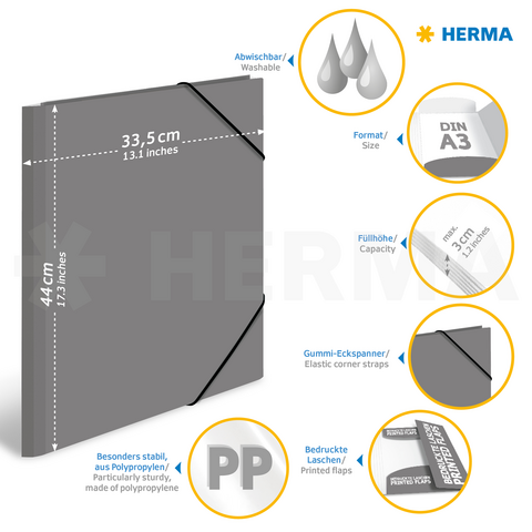 Graue, abwischbare Mappe mit Gummiecken, geeignet für DIN A3, Maße 33,5 cm x 44 cm, aus stabilem PP-Material.