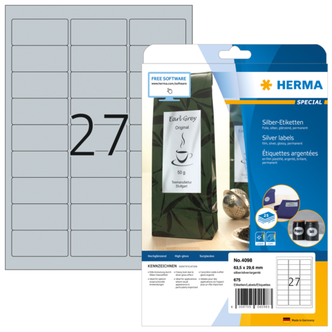 Silberne Etiketten von Herma, Packung mit 27 Etiketten, geeignet für verschiedene Anwendungen, inklusive Softwarehinweis.