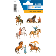 Stickers met verschillende ruiter- en paardmotieven, inclusief mensen die met paarden omgaan en verschillende poses aannemen.