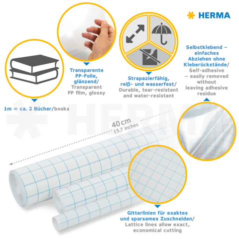 Selbstklebende, transparente PP-Folie mit Gitterlinien für präzises Zuschneiden. Strapazierfähig, reiß- und wasserfest. Ideal für Buchschutz.