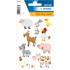 Bunte Tieraufkleber mit Schaf, Ziege, Esel, Huhn, Ente, Schwein und Kuh in cartoonhaftem Stil.