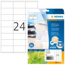 Etikettenblatt mit 24 Etiketten aus Recyclingpapier, verpackt in einer transparenten Hülle mit Produktinformationen und Softwarehinweis.