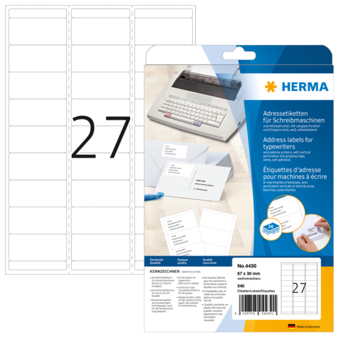 Adressetiketten für Schreibmaschinen, Packung mit 27 Etiketten, Größe 67 x 30 mm, von der Marke HERMA.