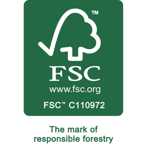 FSC-Logo, das für verantwortungsvolle Forstwirtschaft steht, mit der Website www.fsc.org und der Zertifizierungsnummer FSC C110972.