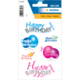 Geburtstagsaufkleber in verschiedenen Farben und Schriftarten, mit der Aufschrift "Happy Birthday" und dekorativen Elementen wie Sternen und Luftballons.