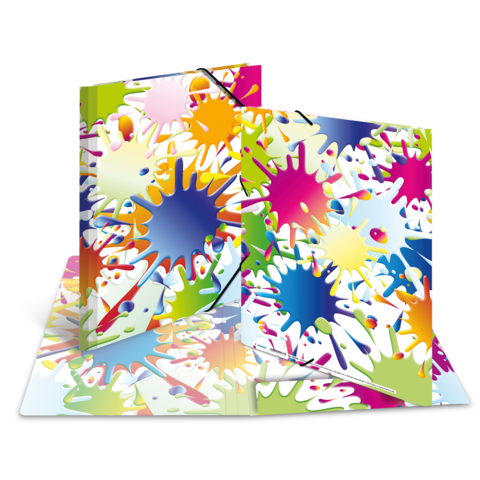 Bunte Ordner mit spritzigen Farbmustern in Blau, Gelb, Grün und Rot, die auf einem weißen Hintergrund angeordnet sind.