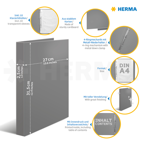 Grijze map met 4-ringmechanisme, A4-formaat, inclusief 10 insteekhoezen, stevige karton, bedrukte binnenkant met inhoudsopgave.