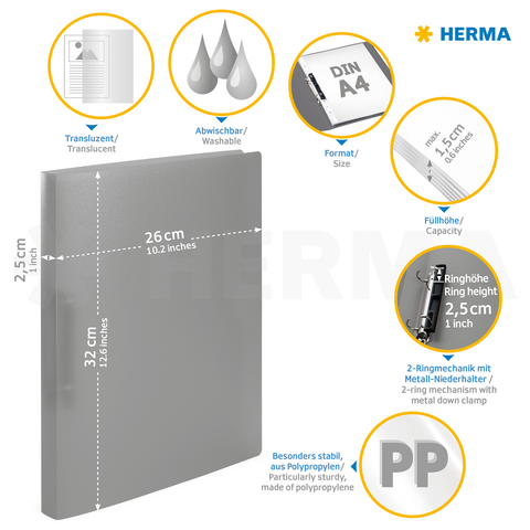 Transparante, afwasbare ringband in A4-formaat met 2-ringmechanisme en metalen neerhouder. Afmetingen: 26 cm x 32 cm, vulhoogte 5 cm.