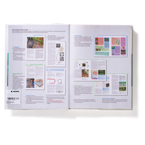 Zwei aufgeschlagene Buchseiten mit Texten und Abbildungen zu verschiedenen Themen, darunter Natur und Wissenschaft.