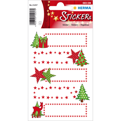 Weihnachtliche Aufkleber mit Tannenbäumen, Geschenken, Sternen und einem Rentier auf einem dekorativen Hintergrund.