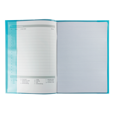 Ein offenes Notizbuch mit einer leeren Seite für Notizen und einer karierten Seite auf der rechten Seite.