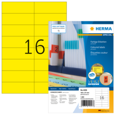 Gelbe Etiketten mit der Nummer 16, verpackt in einer Herma Box, die Informationen zu farbigen Etiketten enthält.