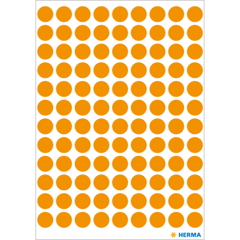Ein Blatt mit orangefarbenen, runden Aufklebern, gleichmäßig in mehreren Reihen und Spalten angeordnet.