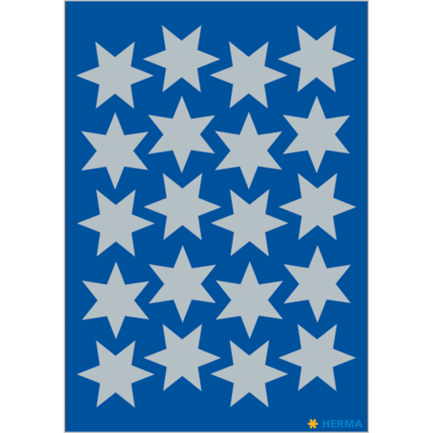 Ein blauer Hintergrund mit 20 grauen Sternen in verschiedenen Größen, gleichmäßig angeordnet.