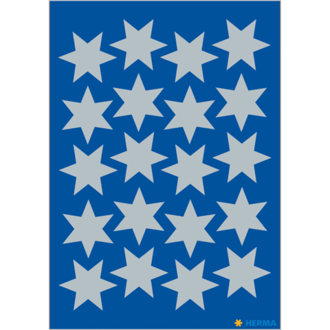 Ein blauer Hintergrund mit 20 grauen Sternen in verschiedenen Größen, gleichmäßig angeordnet.