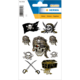 Piratenaufkleber-Set mit Totenköpfen, Piratenflagge, Schwerten und Schatztruhe. Enthält verschiedene Designs für kreative Projekte.