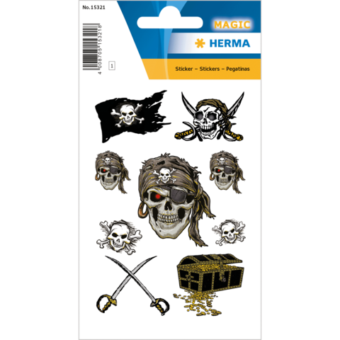 Piratenaufkleber-Set mit Totenköpfen, Piratenflagge, Schwerten und Schatztruhe. Enthält verschiedene Designs für kreative Projekte.
