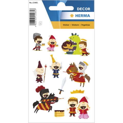 Bunte Aufkleber mit verschiedenen Charakteren, darunter Ritter, Prinzessinnen, ein Drache und Kuchen, auf einem dekorativen Hintergrund.