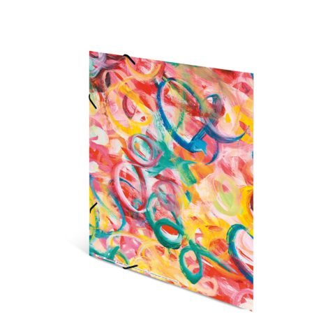 Bunte abstrakte Malerei mit geschwungenen Linien und Formen in Rot-, Gelb- und Blautönen.