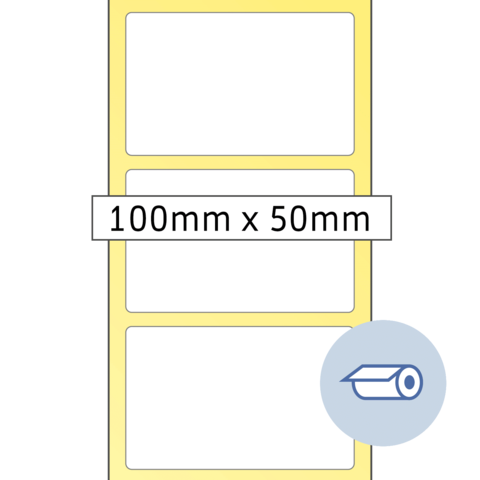 Gelbe Etiketten mit drei leeren Feldern, Maße 100 mm x 50 mm, geeignet für Beschriftungen oder Etikettierungen.