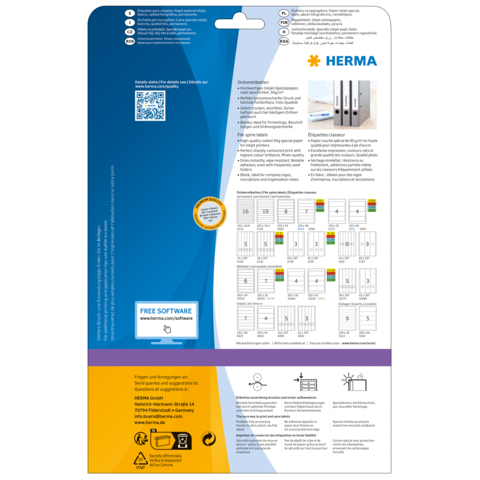 Rückseite einer Verpackung mit Informationen zu HERMA Produkten, einschließlich Anleitungen, QR-Code und Hinweisen zur kostenlosen Software.