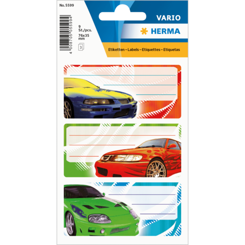 Bunte Etiketten mit verschiedenen Sportwagen-Illustrationen in Blau, Gelb, Orange und Grün, geeignet für Beschriftungen.