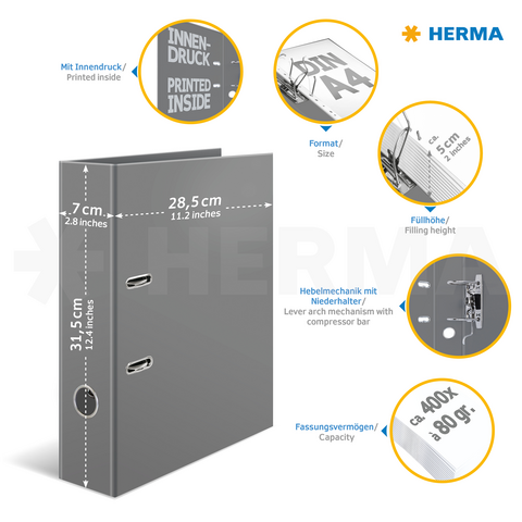 Grijze map met afmetingen van 31,5 cm x 28,5 cm x 7 cm, binnenbedrukking, hefmechanisme en capaciteit voor 400 vellen van 80 g/m².