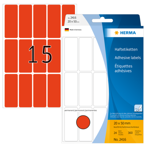 Rote Haftetiketten auf einem Bogen, mit einer Anzahl von 15. Verpackung zeigt die Maße 20 x 50 mm und enthält 24 Etiketten.