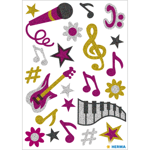 Bunte Musiksticker, darunter Mikrofon, Gitarre, Noten, Blumen und Sterne in verschiedenen Farben und Glitzerdesigns.