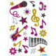 Bunte Musiksticker, darunter Mikrofon, Gitarre, Noten, Blumen und Sterne in verschiedenen Farben und Glitzerdesigns.