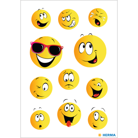 Een verzameling van gele smileys met verschillende gezichtsuitdrukkingen, waaronder glimlachen, zwaaien, verdriet en verrassing.